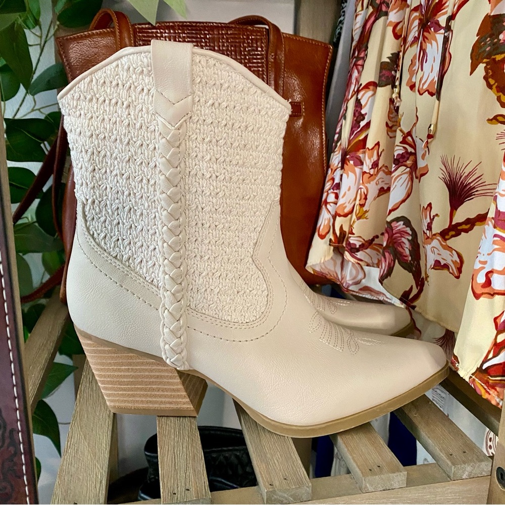 DOLCE VITA White Textured Ankle Cowboy Boots - Picture 2 of 14